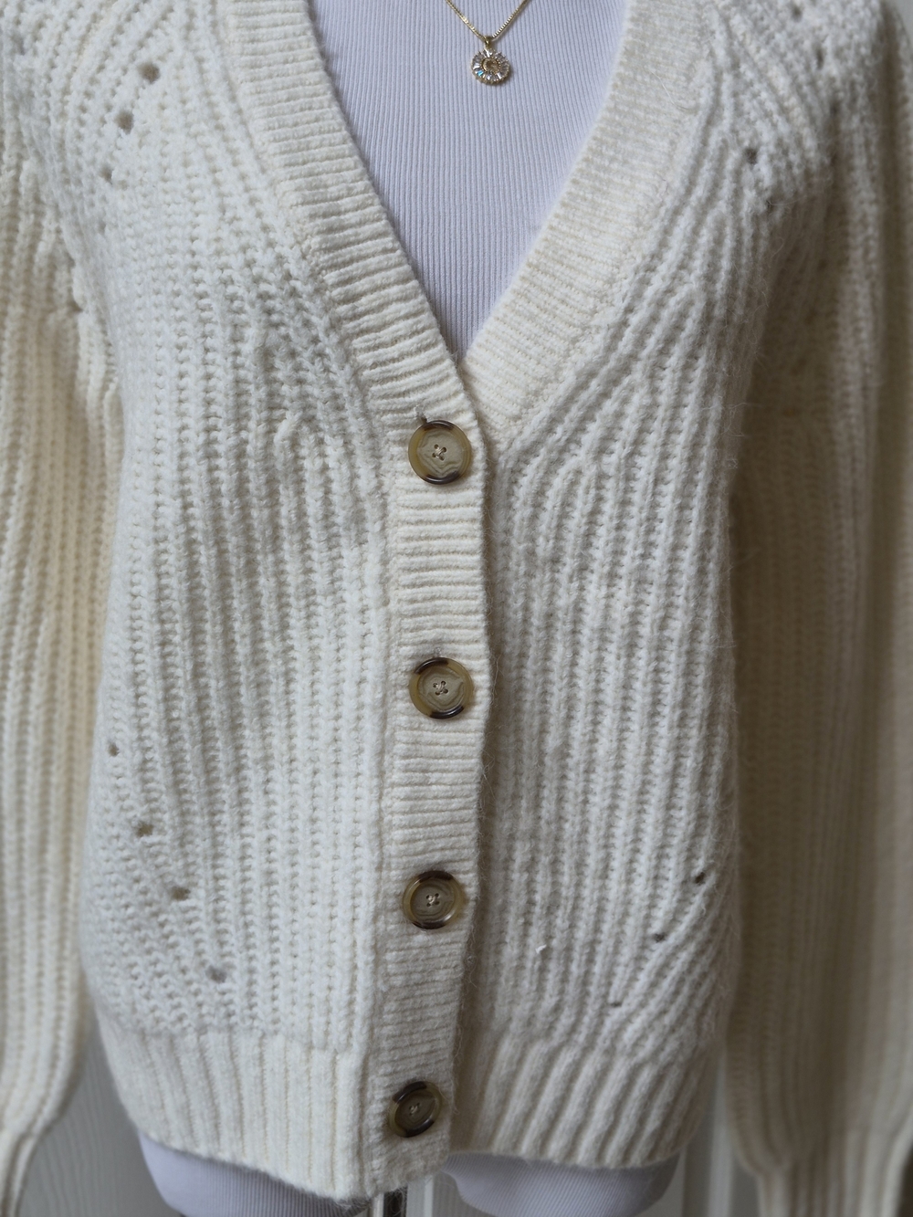 LOFT Cream Ribbed V‑Neck Button Cardigan - Picture 10 of 15